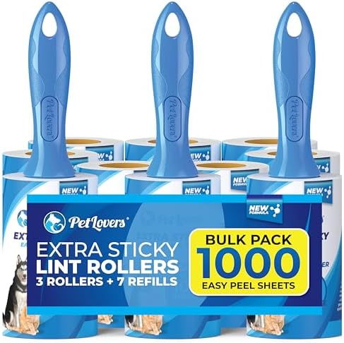 PetLovers Extra Sticky Lint Roller Mega Value Set 1000 Sheets for Pet Hair Removal, Dog and Cat Lint Remover 10 Pack