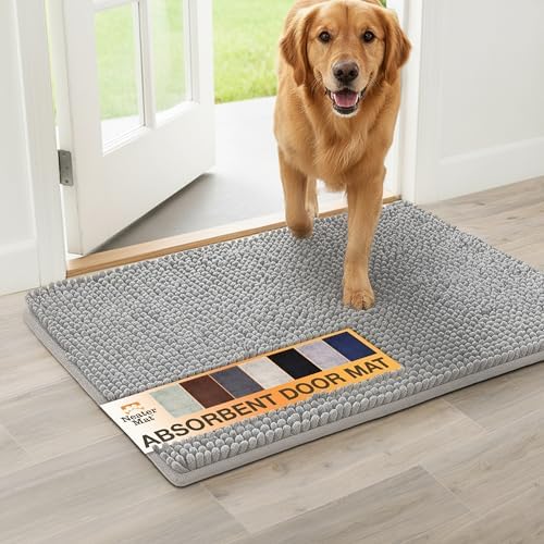 Neater Pets Muddy Paws Dog Door Mat 36” x 24” – Super Absorbent & Quick-Dry Chenille Doormat for Trapping Dirt, Water, Mud - Non-Slip & Machine Washable Pet Rugs for Entryway, Indoor Mud Mats, Gray