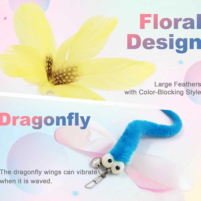SONGWAY Cat Wand Toys for Indoor Cats - Cat Toy Set with Retractable Teaser Wand and 6 PCS Colorful Feather Toy Refills, Dragonfly Tassel Plush Cat Toys Interactive, Multicolored