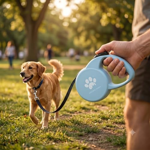 Retractable Dog Leash, 16ft Heavy Duty Nylon Tape for Medium Dogs up to 44 lbs, One-Hand Brake & Lock, Tangle-Free, Ergonomic 3" Large Handle, Lightweight Blue M GC-DAN