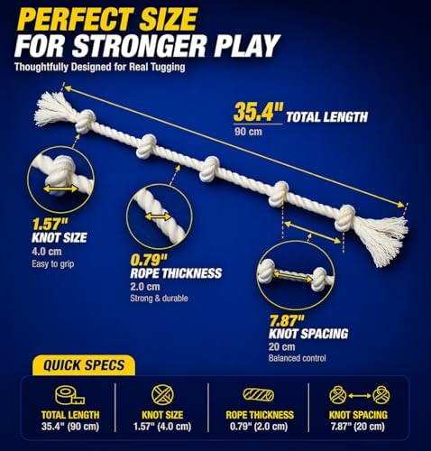 35" Dog Rope Tug Toy – 5-Knot Cotton Rope, Perfect Balance for Tug & Chew, Durable Interactive Toy for Medium & Large Dogs (22–88 lbs), Indoor & Outdoor, Washable, White