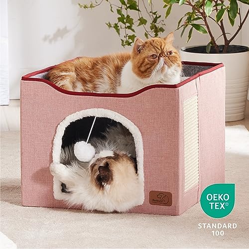 Bedsure Cat Beds for Indoor Cats - Large Cat Cave for Pet Cat House with Fluffy Ball Hanging and Scratch Pad, Foldable Cat Hideaway,16.5x16.5x13 inches, Pink