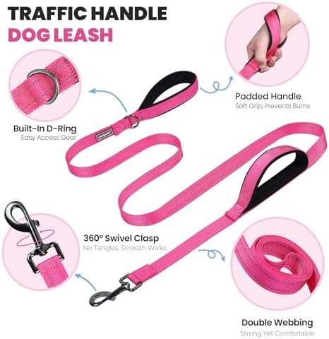 VIVAGLORY Double Handle Dog Leash Twingrip, 5ft x 1in, S, Pink