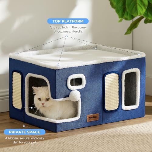 ZOMISIA Extra-Wide Cat House for Indoor Cats - Large Cat House for Pet with Fluffy Ball Hanging and Scratch Pad, Foldable Cat Hideaway for Multi Cats, 23x16.5x13 inches, Navy