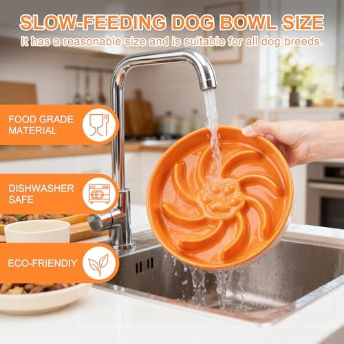 Ceramic Slow Feeder Dog Bowl, 3 Cup Dog Food or 25oz Water, Slow Eating Bowl for Middle Breed, Maze Puzzle Feeder for Fast Eaters, Anti-Choking Stop Bloat, Non-Slip BPA Free (Orange)