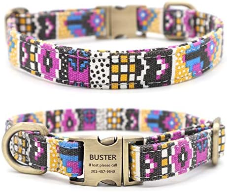 Customized Nylon Dog Collar, Personalized Dog Collar Engraved with Name and Phone Number,Adjustable ID Dog Collar with Quick-Release Buckle-(Mosaic-Yellow,L)