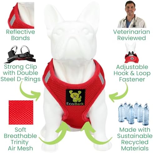 EcoBark Step in Dog Harness - Eco-Friendly Teacup Dog Harnesses for XS and Small Dogs - Reflective and Adjustable Mini Body Halter Vest -Tiny Soft Mesh Toy Breed Harness (Red, XS)