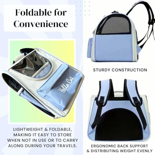 Spacious Cat Backpack Carrier, Portable Cat Carrier, Large Space for Pet, Backpack for Kitty Cat & Small Dogs up to 15lbs, Lightweight & Foldable Pet Carrier for Travel & Hiking (Ice Blue)