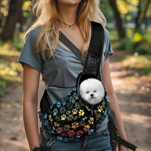 Dog Paw Pattern Pet Sling Carrier Breathable Mesh Small Dog Cat Sling Pet Carrier Bag Adjustable Strap Puppy Crossbody Bag for Small Pets
