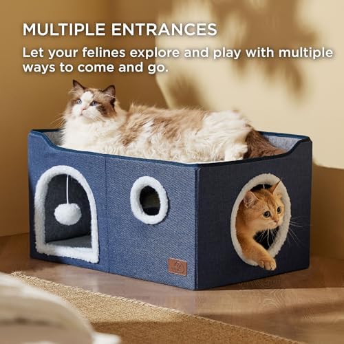 Bedsure Extra Wide Cat House Bed with Fluffy Ball and Scratch Pad,Blue