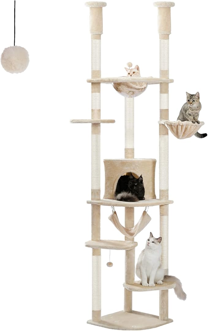 PEQULTI Floor to Ceiling Cat Tree, 92.9-101.6in Adjustable Cat Tower, Beige | Adjustable tower braces floor to ceiling; cozy condo, large hammock, perches & 9 sisal posts on fan base with anti-tip strap