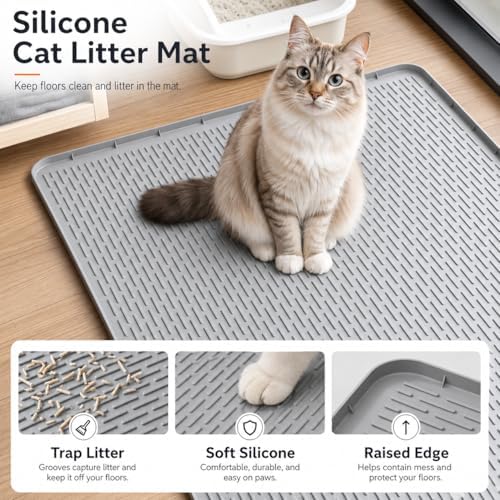 Cat Litter Mat, 40"x28" Extra Large, Waterproof Non Slip, Urine Proof & Easy Clean, Floor Protection Pad for Cat Litter Box Light Gray