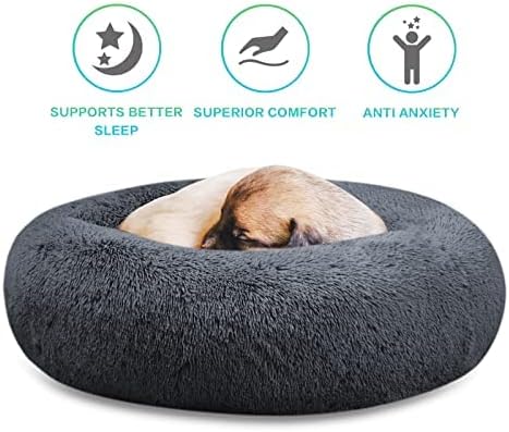 SAVFOX 36 inches Calming Donut Dog Bed - 3X Durable Plush Faux Fur, Machine Washable & Non-Slip, Fits up to 100 lbs, Dark Grey