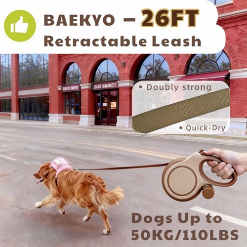 26ft Retractable Dog Leash for Large Dogs with Poop Bag Holder,Heavy Duty Retractable Dog Leash with Chew Proof Extender,One-Hand Lock System,Impact-Resistant,Up to 110 lbs (Khaki)