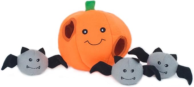ZippyPaws Burrow- Interactive Dog & Puppy Toys for Boredom, Stimulating Pet Products to Keep them Busy, Hide & Seek Plush Dog Puzzle, Enrichment Squeaky Toy, For Small & Medium Dogs- Pumpkin with Bats