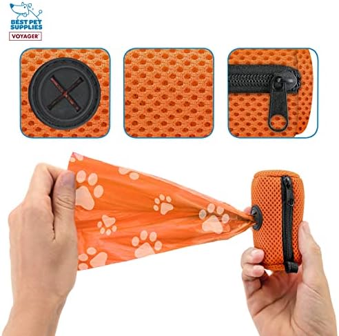Best Pet Supplies Dog Poop Bag Holder Leash Attachment with Reusable Dispenser for Travel, Walking, Park, and Outdoor Use, Durable with Clip-On - Orange, Mesh Dispenser w/15 Bags
