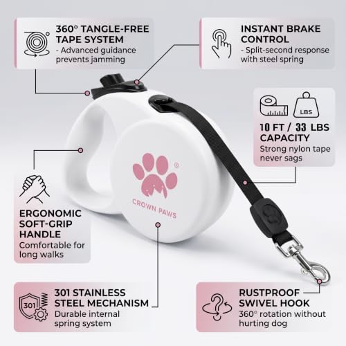 Retractable Dog Leash (Small), 10ft Heavy Duty Nylon Tape for Dogs up to 33 lbs, One-Hand Brake & Lock, Tangle-Free, Compact Lightweight Design, White S GC-DAN