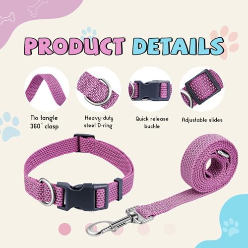 Reflective Dog Collar and Leash Set, Nylon Dog Leash with Heavy-Duty Steel D-Ring, Adjustable with Quick Release Buckle for Small Dogs, Purple S