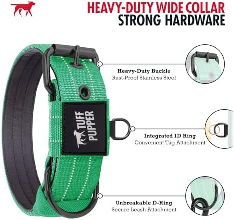 Tuff Pupper Heavy Duty Tactical Dog Collar | 1.5" Wide Ballistic Nylon | Reflective Stitching | Integrated ID Tag Holder | Stainless Steel Buckle | Padded Lining | Medium & Large Dogs (Green, Medium)