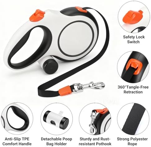Segarty 26 Ft Walking Lead for Dogs 66 lbs - 110 lbs, 360°Tangle-Free 8m Retractable Long Leash with Detachable Poop Bag Holder for Pets Walk Outside, Anti-Slip Handle and One-Handed Brake Pause Lock