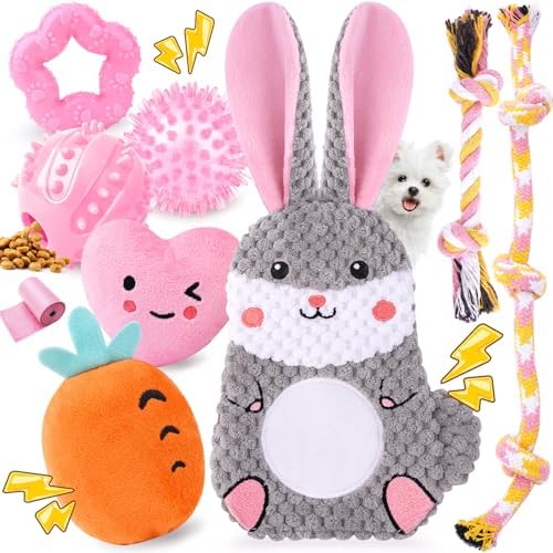 Zeaxuie Pink Puppy Toys for Teething - 9 Pack Small Dog Set With Chew, Squeaky Crinkle, Treat Ball and Interactive Rope for Puppies