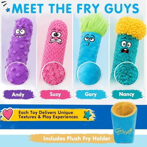 Guru Pet: Fry Guy: 5 Piece Set - Large - 4 Plush Dog Toys w/Holder, Squeaks & Crinkles, Fry Shape Characters, Durable Fabric, Chew-Fetch-Thrash-Play