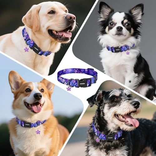 Kazazoo Dog Collar Cute and Soft Nylon Puppy Collar Girl Dogs, Adjustable Purple Dog Collars for Small Dogs, Purple Flowers-S