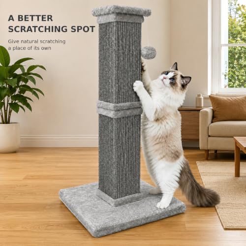 Vertical Cat Scratching Post for Indoor Cats, Sisal Scratch Tower with Soft Plush Base & Dangling Pom Ball, 32'' Tall Cat Scratcher Column, Furniture Protection, Full Grey