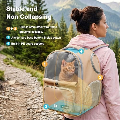 Cat Backpack Carrier Expandable,Pet Travel Backpack for Cats and Small Dogs, 1200D Waterproof Ventilated Mesh with Lockable Zippers, Foldable for Hiking Camping Vet, Up to 18 Lbs(Khaki)