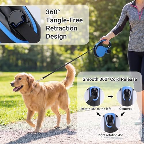Segarty 16 Ft Retractable Dog Leash with Detachable Poop Bag Holder, 5m Walking Leash for Pets up to 66 lbs, 360°Tangle-Free Dog Lead with Anti-Slip Handle & One-Handed Brake Pause Lock for Outdoors