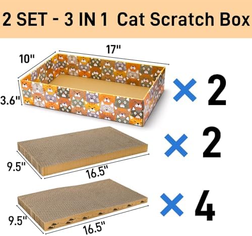 Pumtus Set of 2 Cat Scratching Boxes, 17x10 in 6 Pcs Corrugated Cardboard Pad with 2 Boxes, Large Cute Reversible Kitty Sofa Bed, Refillable Wave Shaped Lounge, Interactive Kitten Toy for Indoor Cat