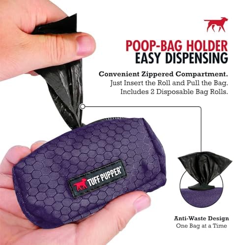 Tuff Pupper Dog Poop Bag Holder | Works with Any Dog Leash | Zippered Waste Bag Dispenser | Waterproof with Rust-Proof Clip | Convenient Lightweight Design | Includes 2 Rolls of Leak-Proof Bags