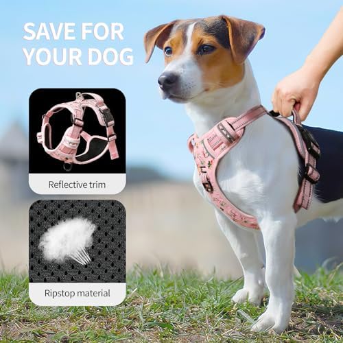 HEELE Dog Harness, No Pull Adjustable Padded Reflective Harness for Small Medium Large Dogs with Handle for Walking Training, Flower-Pink, M