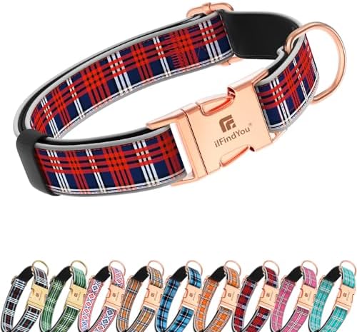 Reflective Plaid Dog Collar for Small Dogs, Red & Blue-S