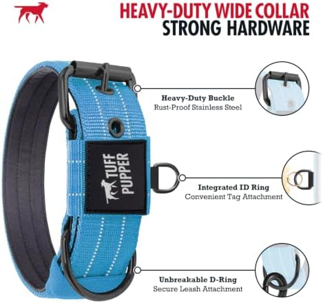 Tuff Pupper Heavy Duty Tactical Dog Collar | 1.5" Wide Ballistic Nylon | Reflective Stitching | Integrated ID Tag Holder | Stainless Steel Buckle | Padded Lining | Medium & Large Dogs (Teal, Large)