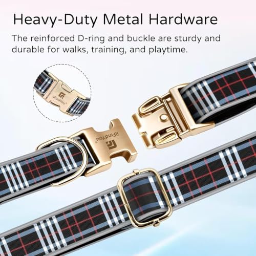 Reflective Plaid Dog Collar for Large Dogs, Red & Black-L