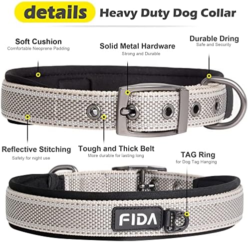 Fida Heavy Duty Dog Collar for Large Dogs with Metal Belt Buckle, Grey