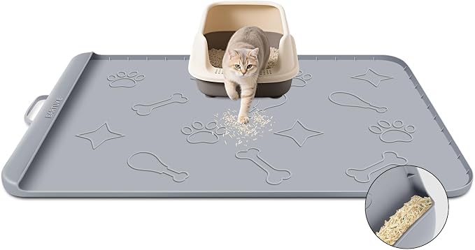 Cat Litter Mat for Litter Box 42" x 28", Large Silicone Mat, Light Grey | Waterproof Litter Trapping Mat with Residue Collection Pocket, Raised Edge, Non-Slip Pet Placemat for Floors