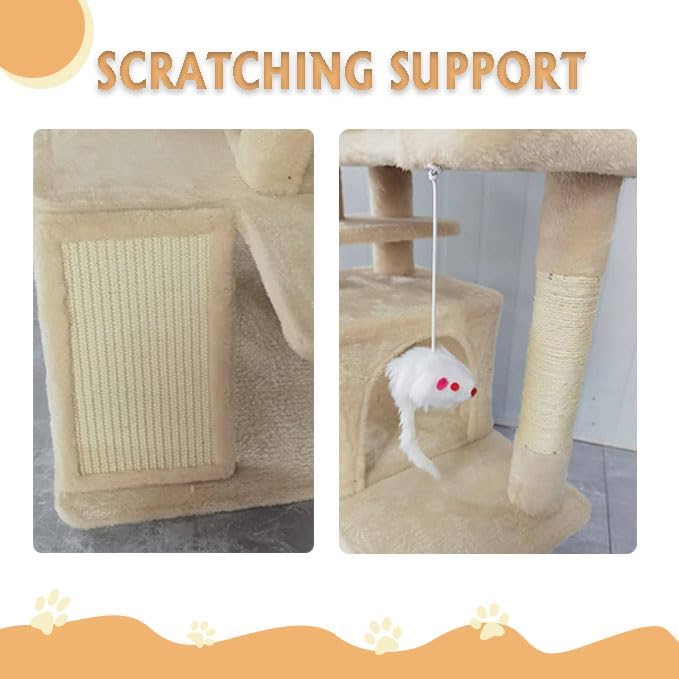 Aotaide 54in Cat Tree, Multi-Level Cat Tower,2 Cozy Caves, Scratching Posts, Climbing Ladder, Plush Balls, Durable Pet House Furniture for Indoor Kittens,Beige