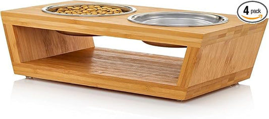 4" Tall Elevated Dog Bowls for Small Dogs, Food and Water Bowl Set by Pawfect Pets (Natural Bamboo)