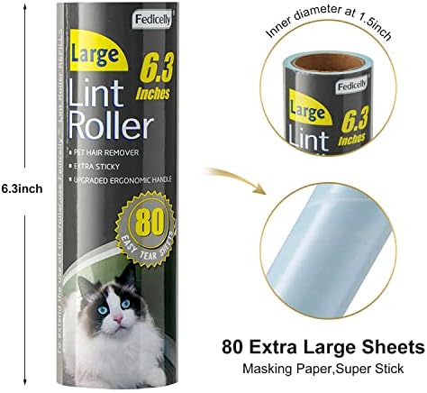 Fedicelly Lint Rollers Pet Hair Extra Sticky Floor with Long Handle,Large Cat Dog Hair Remover Laundry Clothes Carpet Furniture,6.3 inches Wider with 640 Sheets Giant Lint Remover Brush for Couch