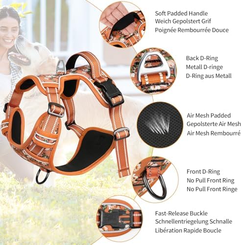 HEELE Dog Harness, No Pull Adjustable Padded Reflective Harness for Small Medium Large Dogs with Handle for Walking Training, Flower-Orange,M