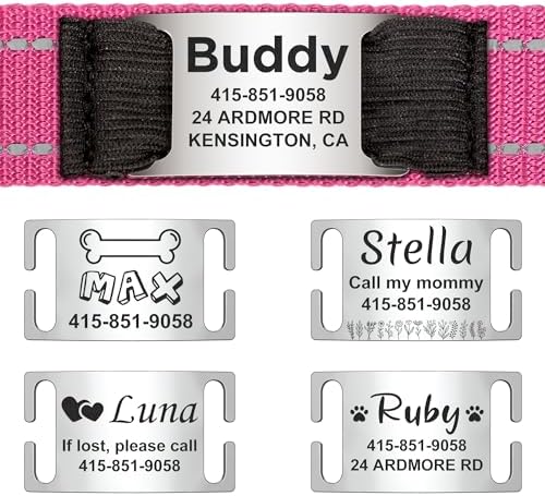 Personalized Dog Collars - Adjustable Reflective Dog Collar with Name Tag Engraved, Soft Neoprene Padded Breathable Nylon Dog Collar for Small/Medium/Large Dogs, Rose, L