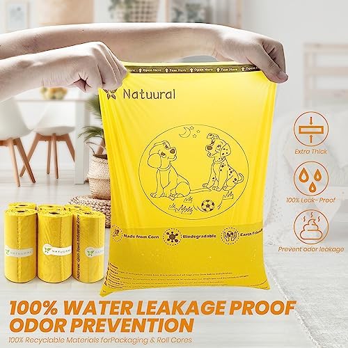 Poop Bags for Dogs-1050 Counts, 70 Rolls With a Free Dispensers, Biodegradable Poop Bags Made of Cornstarch, Size: 9x13 Inch, Extra Thick Strong and 100% Leak Proof (Yellow)
