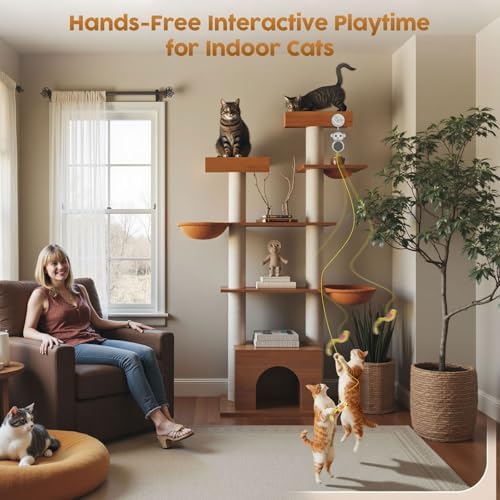 Interactive Cat Toys for Indoor Cats: 2-in-1 Laser Pointer Cat Toy with Automatic Flying Bird & Mouse Wand, Adjustable Speed USB Rechargeable Doorway Hanging Toy for Bored Kittens and Adult Cats