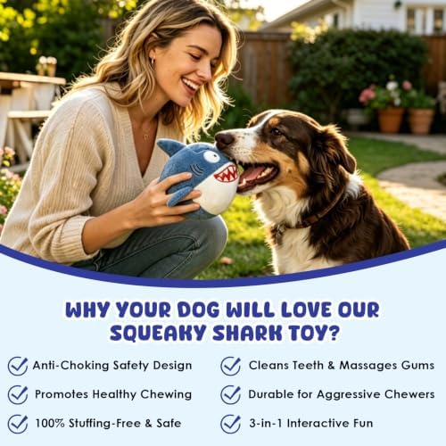 XIAPIA 3-in-1 Plush Shark Squeaky Dog Toys for Aggressive Chewers