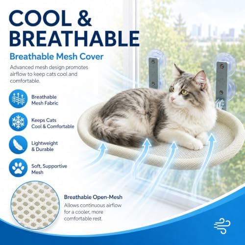 Cat Window Perch for Narrow Windows, Cordless Foldable Hammock Bed with Suction Cups, Breathable Mesh Shelf for Indoor Cats, Space-Saving Hammock Lounger for Sunbathing and Bird Watching, Beige