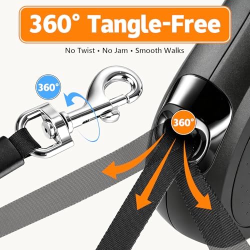 Retractable Dog Leash, 16 FT Strong Nylon Tape for Small and Medium Dogs up to 55 lbs, 360° Tangle-Free Design, One-Hand 3-Mode Brake & Lock, Ergonomic Non-Slip Handle, Black