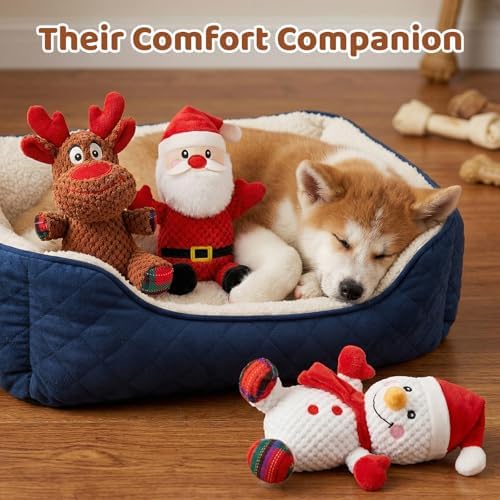Dog Toys Set - 3 Pack Durable Squeaky Dog Toys for Small & Medium Dogs, Soft Plush Santa, Reindeer & Snowman Gift for Dogs