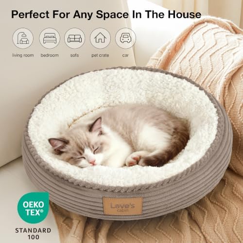 Love's cabin Round Donut Cat and Dog Cushion Bed, 20in Pet Bed for Cats or Small Dogs, Anti-Slip & Water-Resistant Bottom, Super Soft Durable Fabric Pet beds, Washable Luxury Bed Khaki